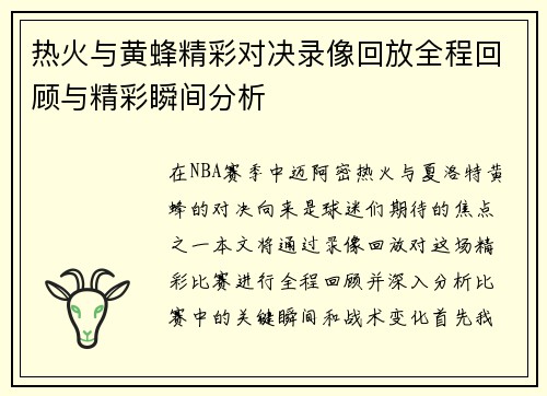 热火与黄蜂精彩对决录像回放全程回顾与精彩瞬间分析